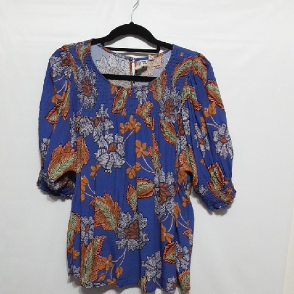 DOLMAN Floral Blue Ruched Neck Boho‎ Women's Top